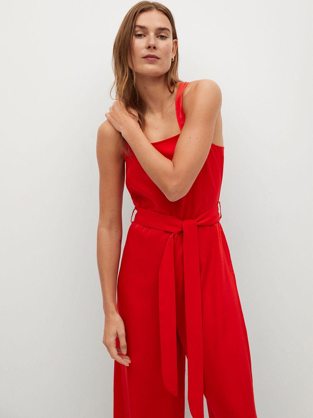 mango women red solid basic jumpsuit with belt