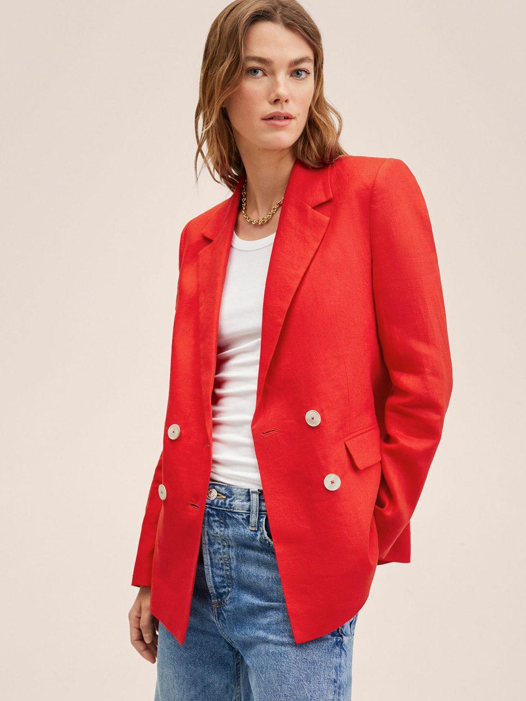 mango women red solid double-breasted blazer
