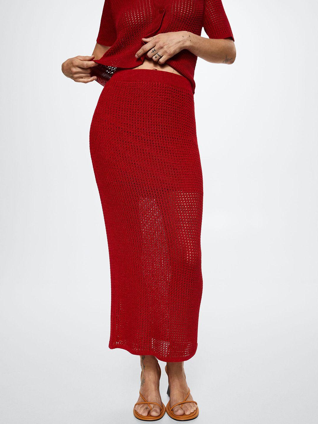 mango women red solid open knit mini skirt