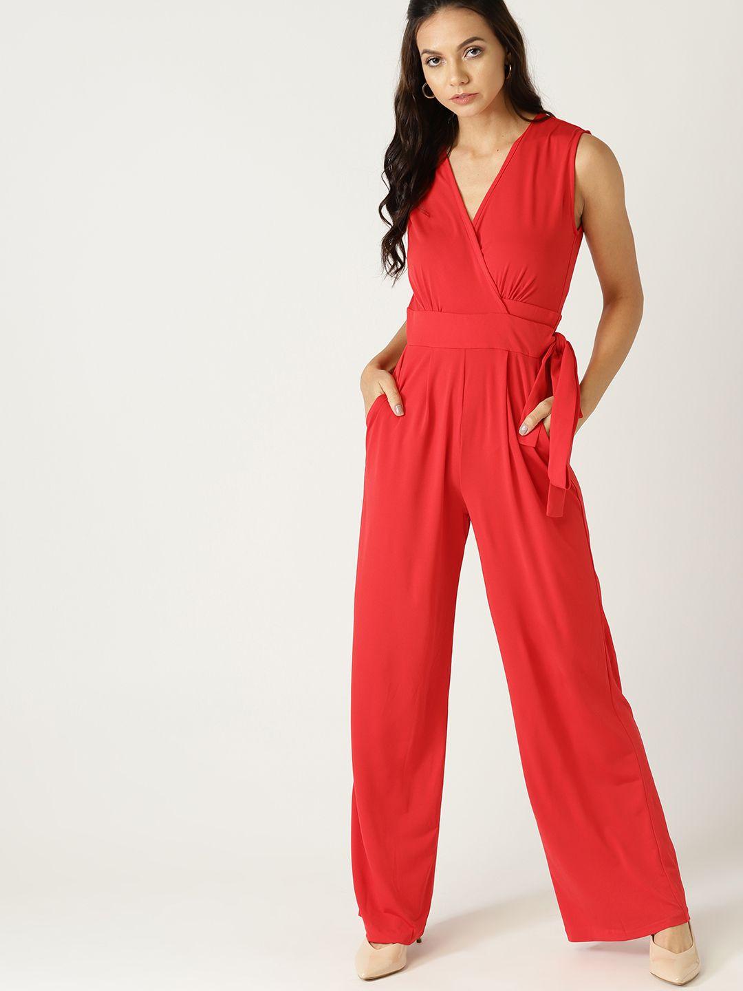 mango women red solid wrap jumpsuit