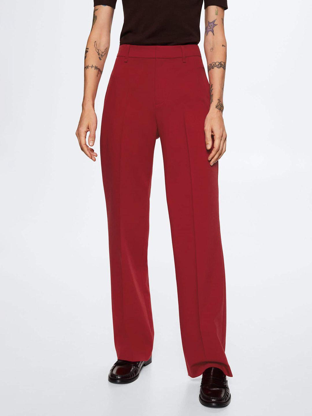 mango women red straight fit high-rise sustainable pleated trousers