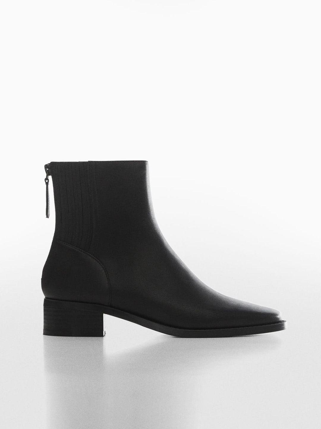 mango women round-toe mid-top leather block heel boots