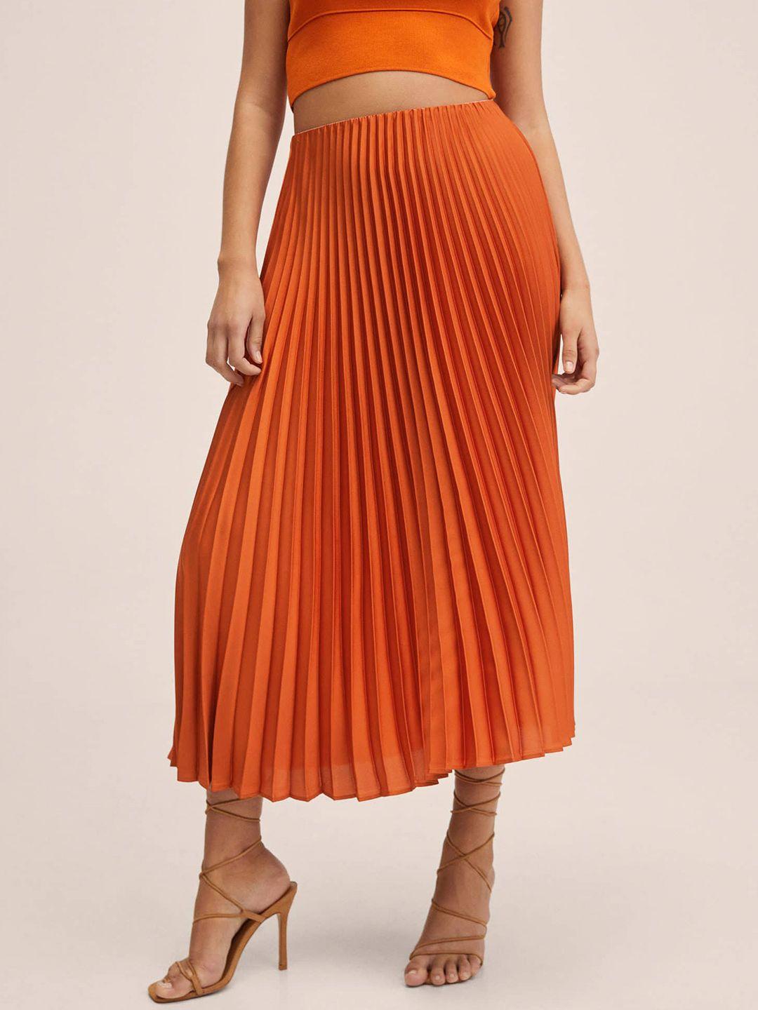 mango women rust orange solid accordion pleated midi a-line skirt