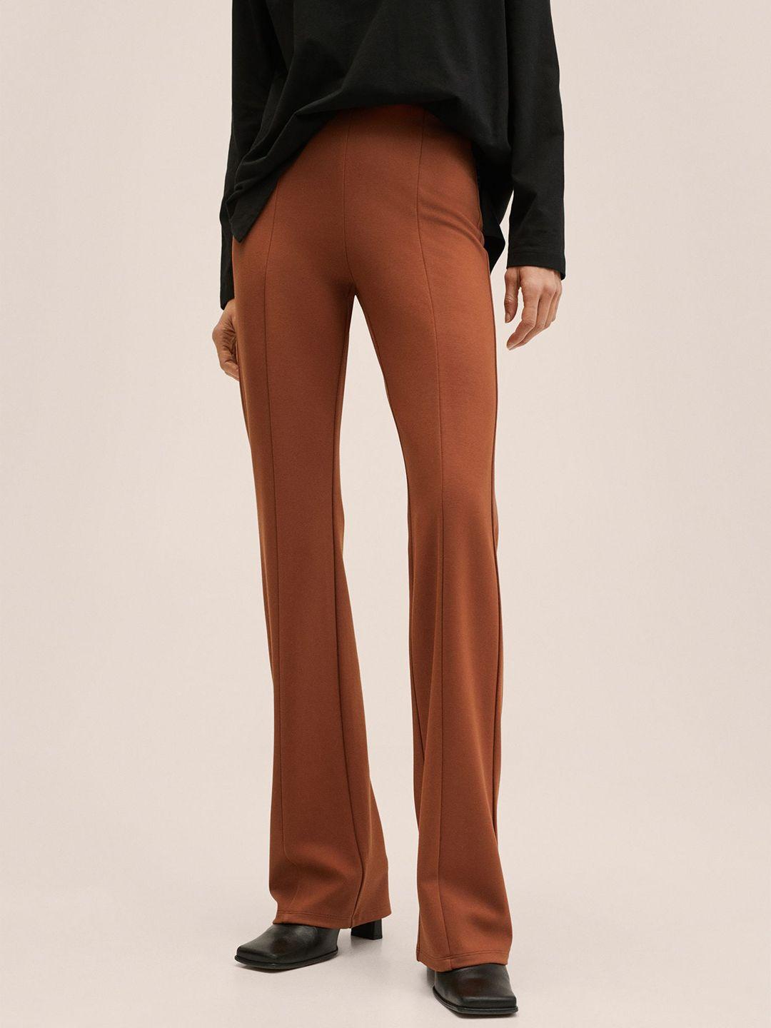 mango women rust orange solid flared high-rise trousers