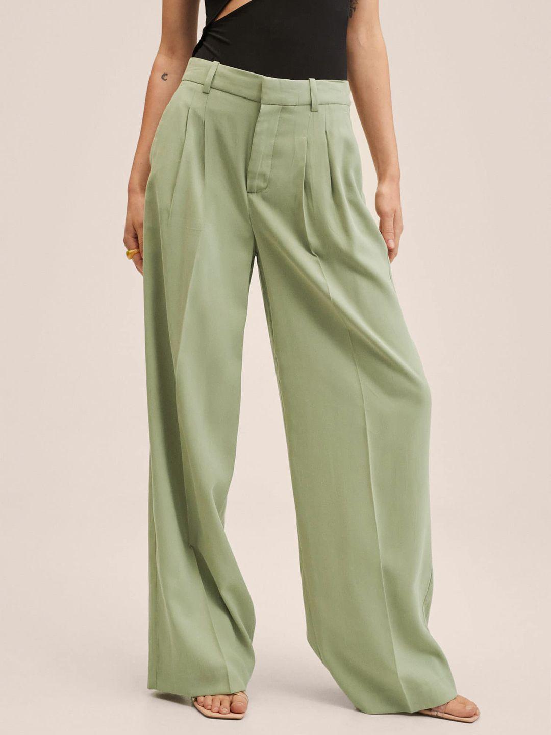 mango women sage green solid flared pleated trousers