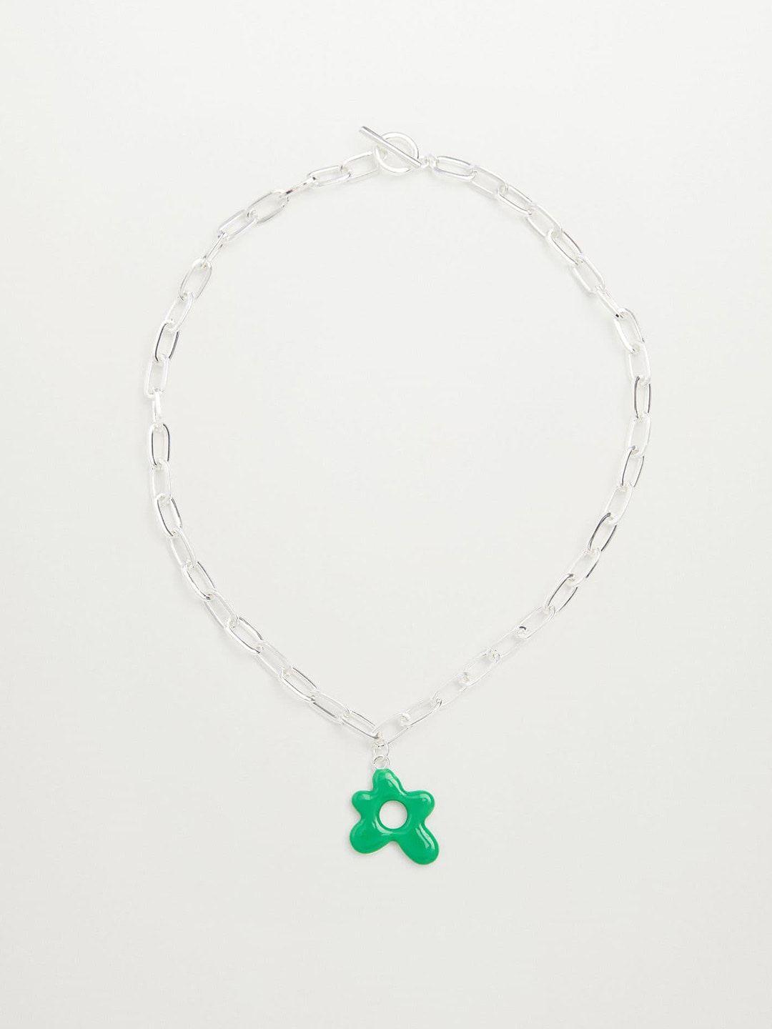 mango women silver-toned & green floral linked chain necklace