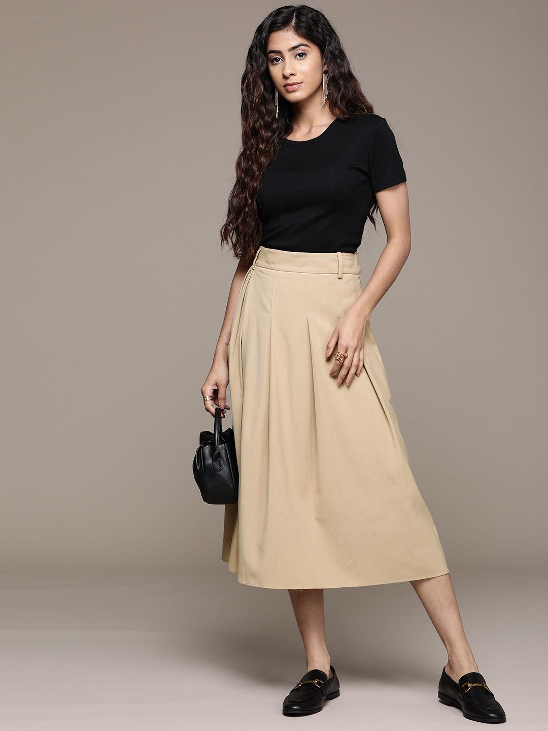 mango women solid pleated a-line midi skirt