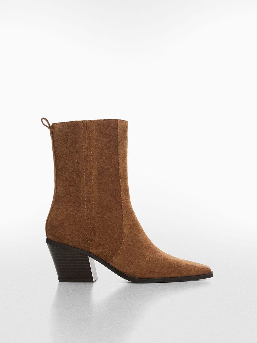 mango women square-toe mid-top leather block heel boots