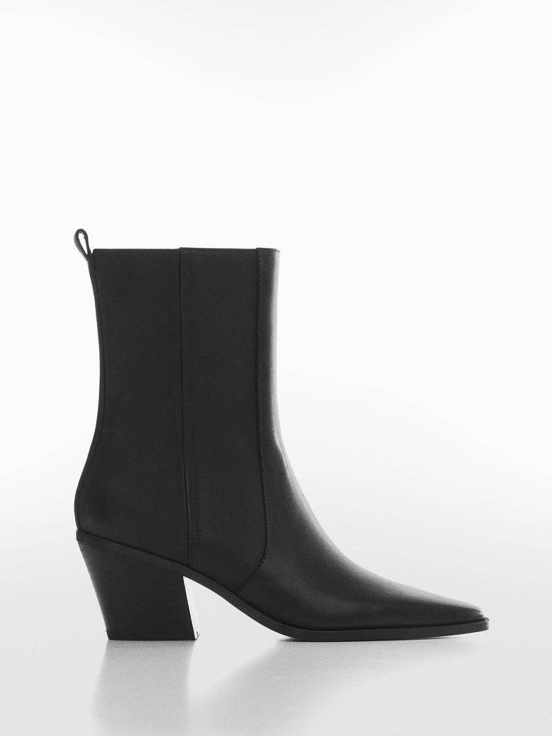 mango women square-toe mid-top leather block heel boots