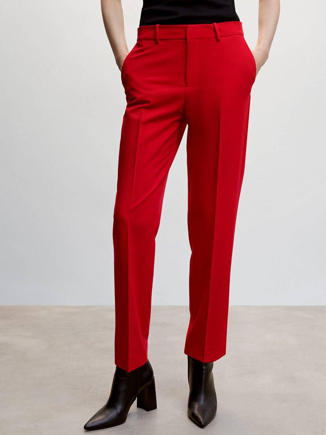 mango women straight fit solid formal trousers