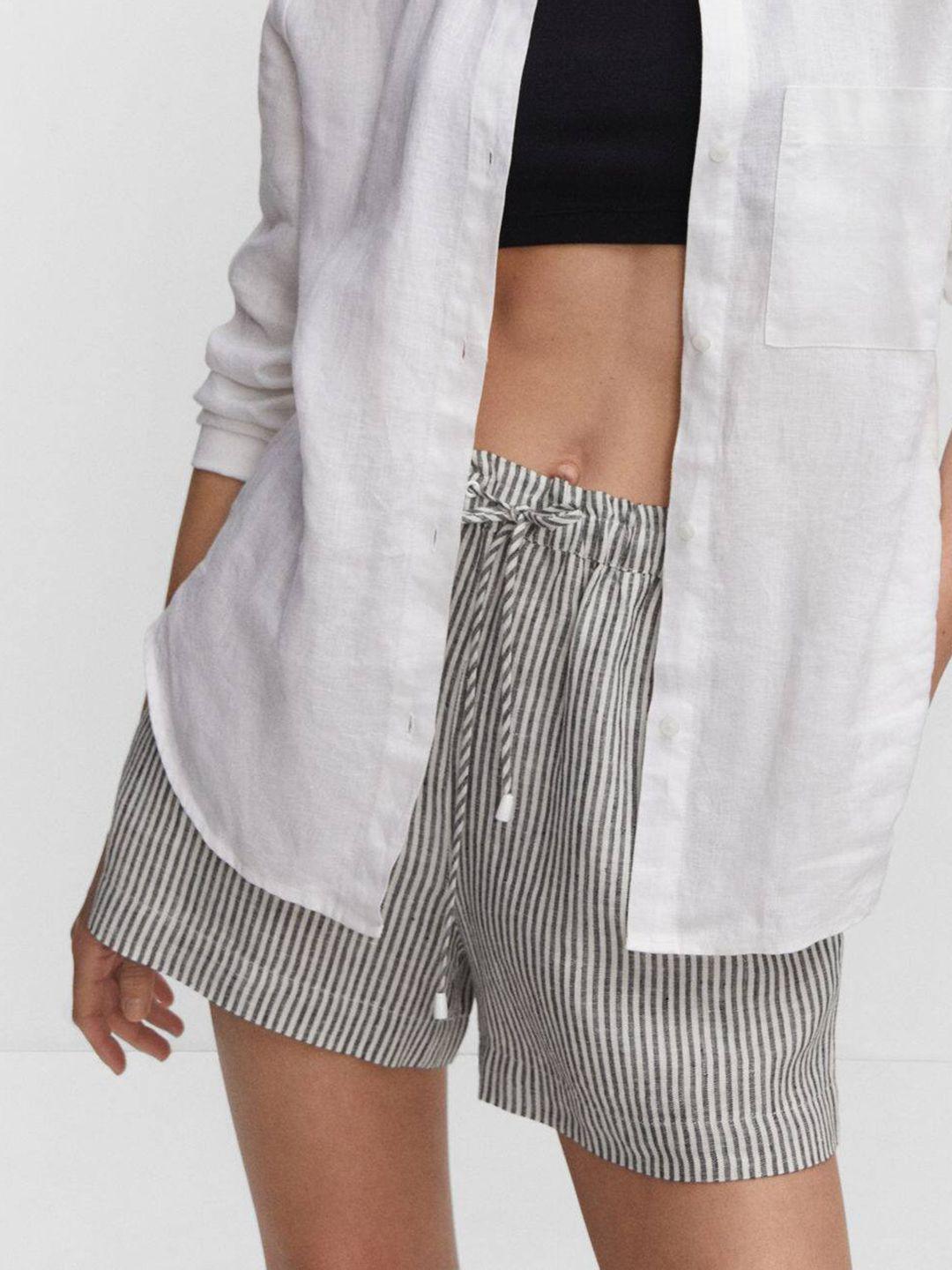 mango women striped high-rise linen shorts