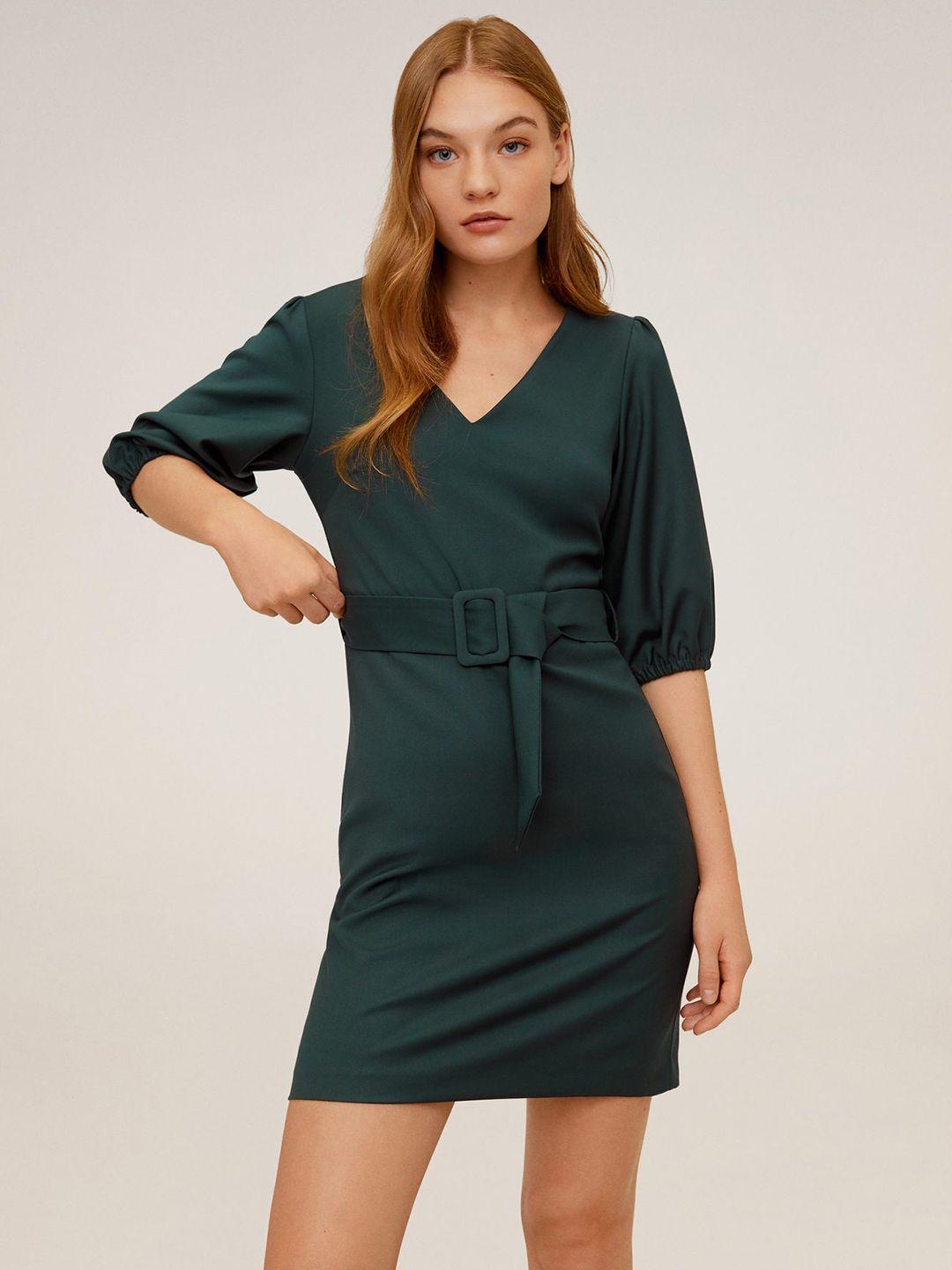 mango women teal green solid sheath dress