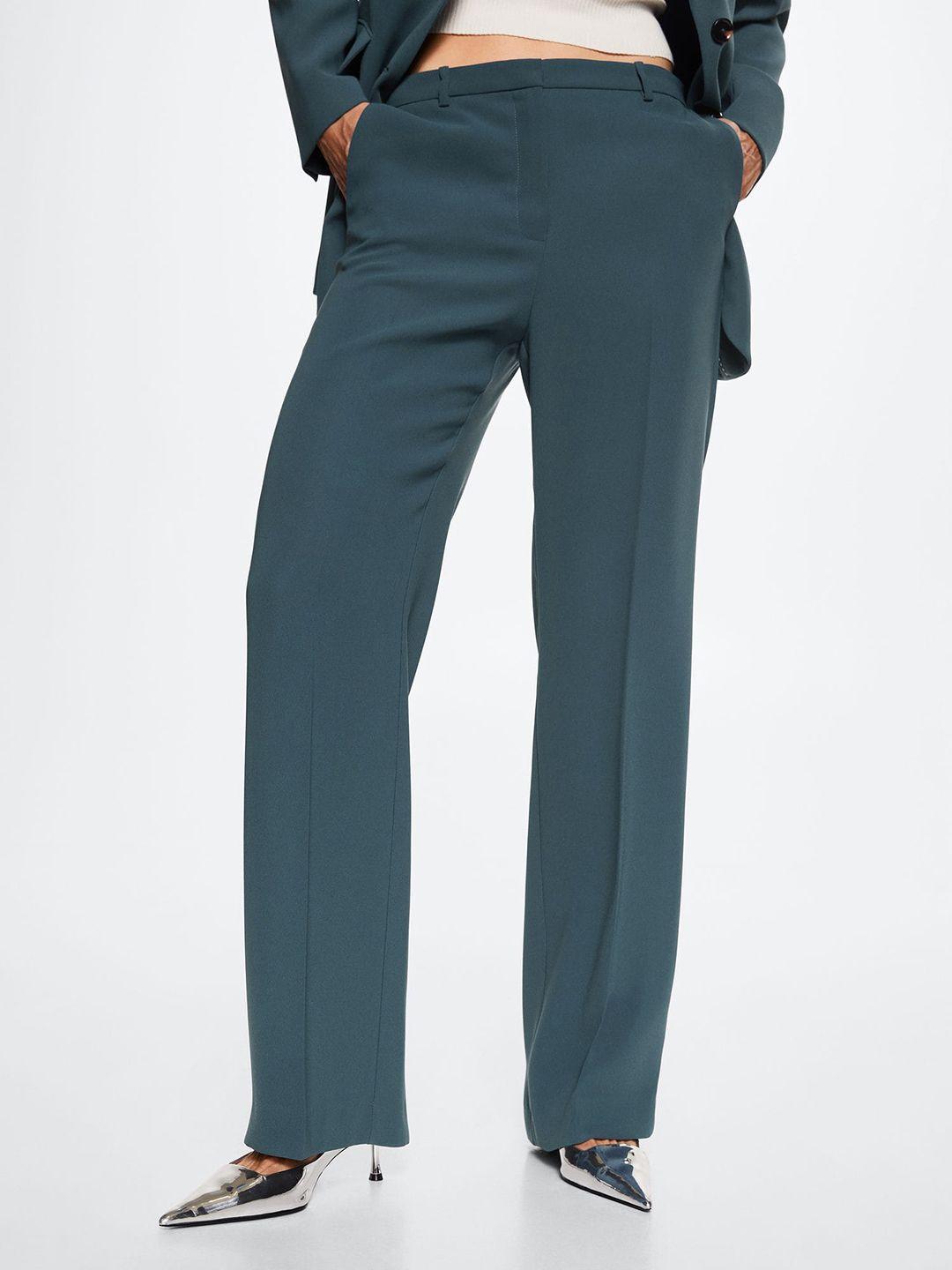 mango women teal straight fit pleated sustainable trousers