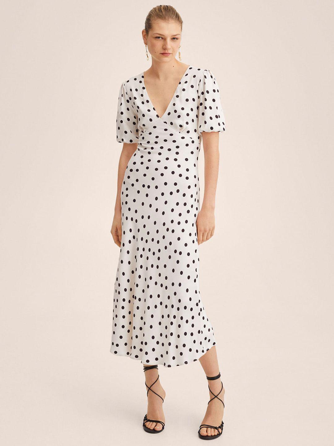 mango women white & black polka dot printed a-line midi dress