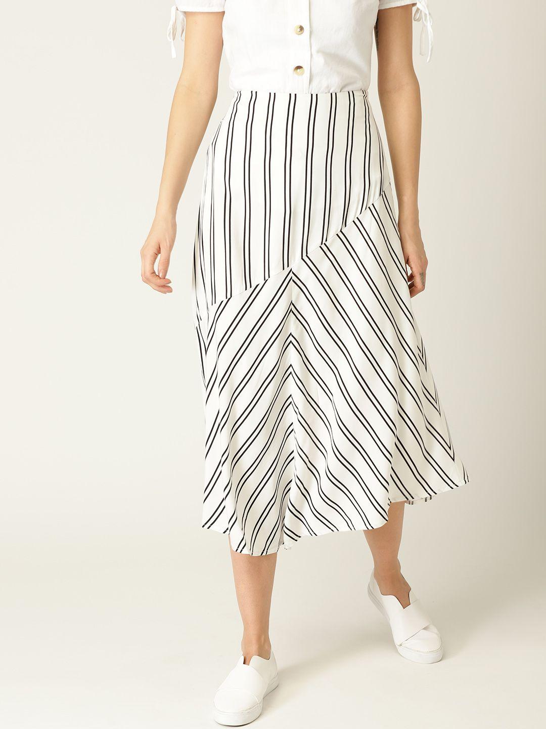 mango women white & black striped midi a-line skirt