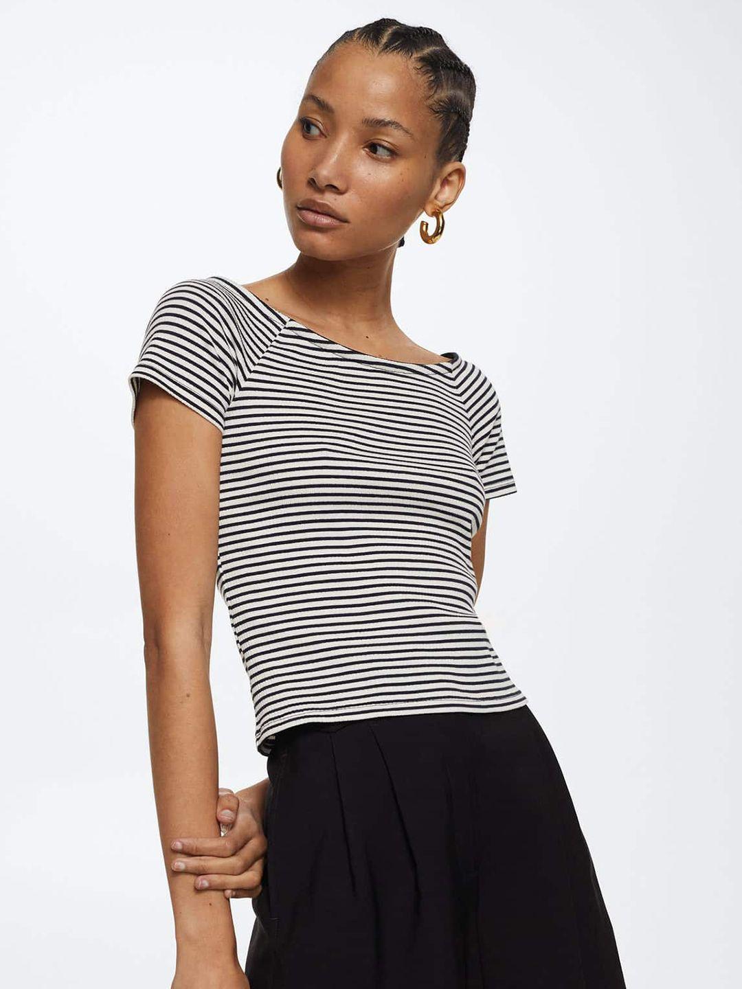 mango women white & black striped t-shirt