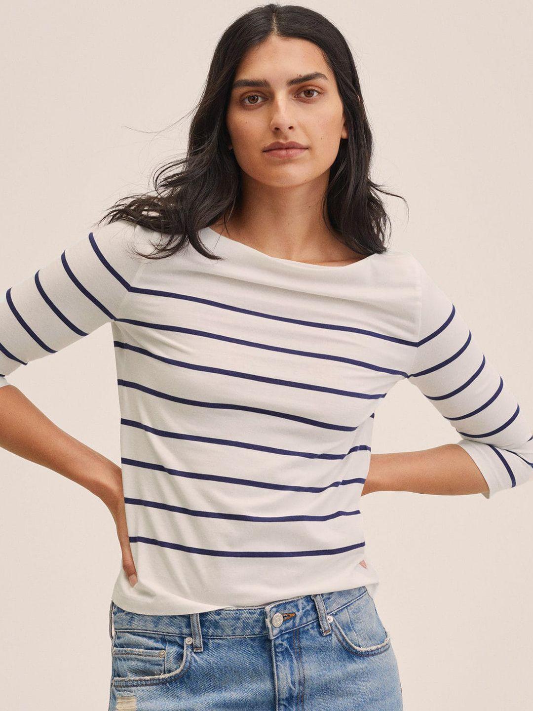 mango women white & blue  pure cotton striped t-shirt