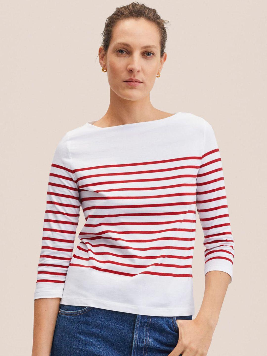 mango women white & red pure cotton striped t-shirt