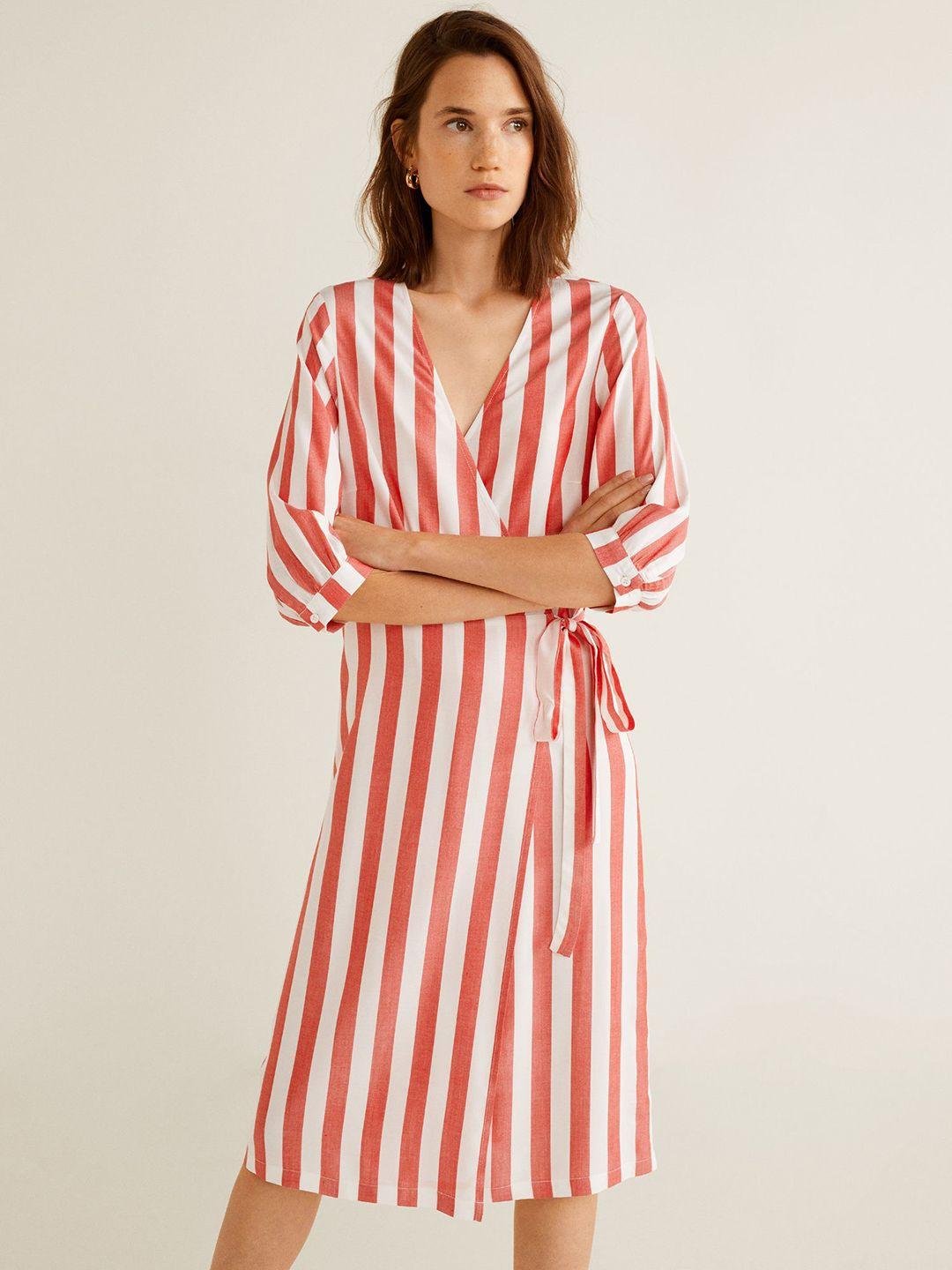 mango women white & red striped wrap dress