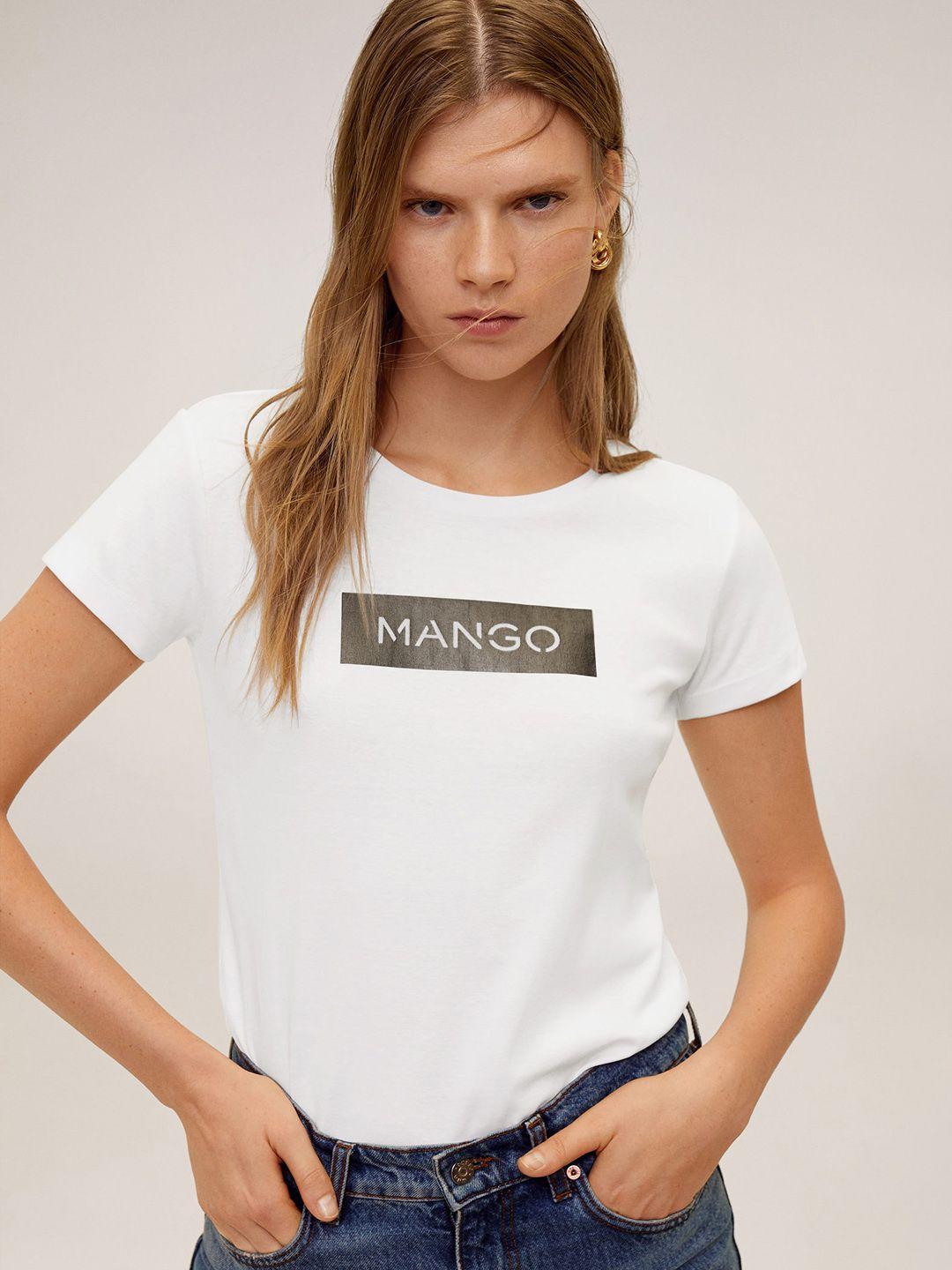 mango women white  silver typography printed round neck pure cotton t-shirt