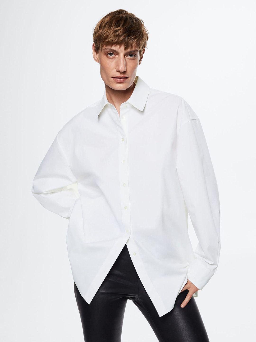 mango women white pure cotton solid oversized casual shirt