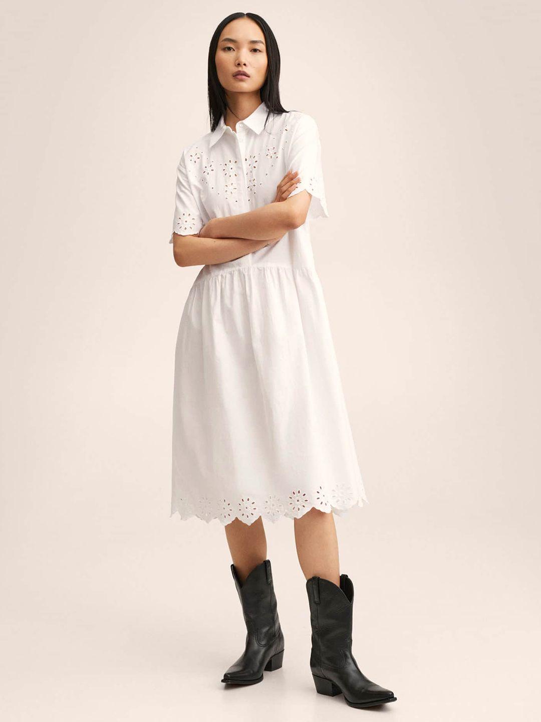 mango women white schiffli design scalloped hem pure cotton midi shirt style dress