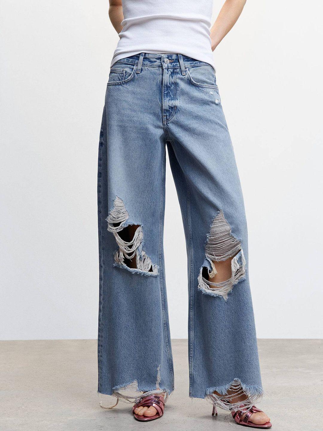 mango women wide leg high-rise highly distressed jeans