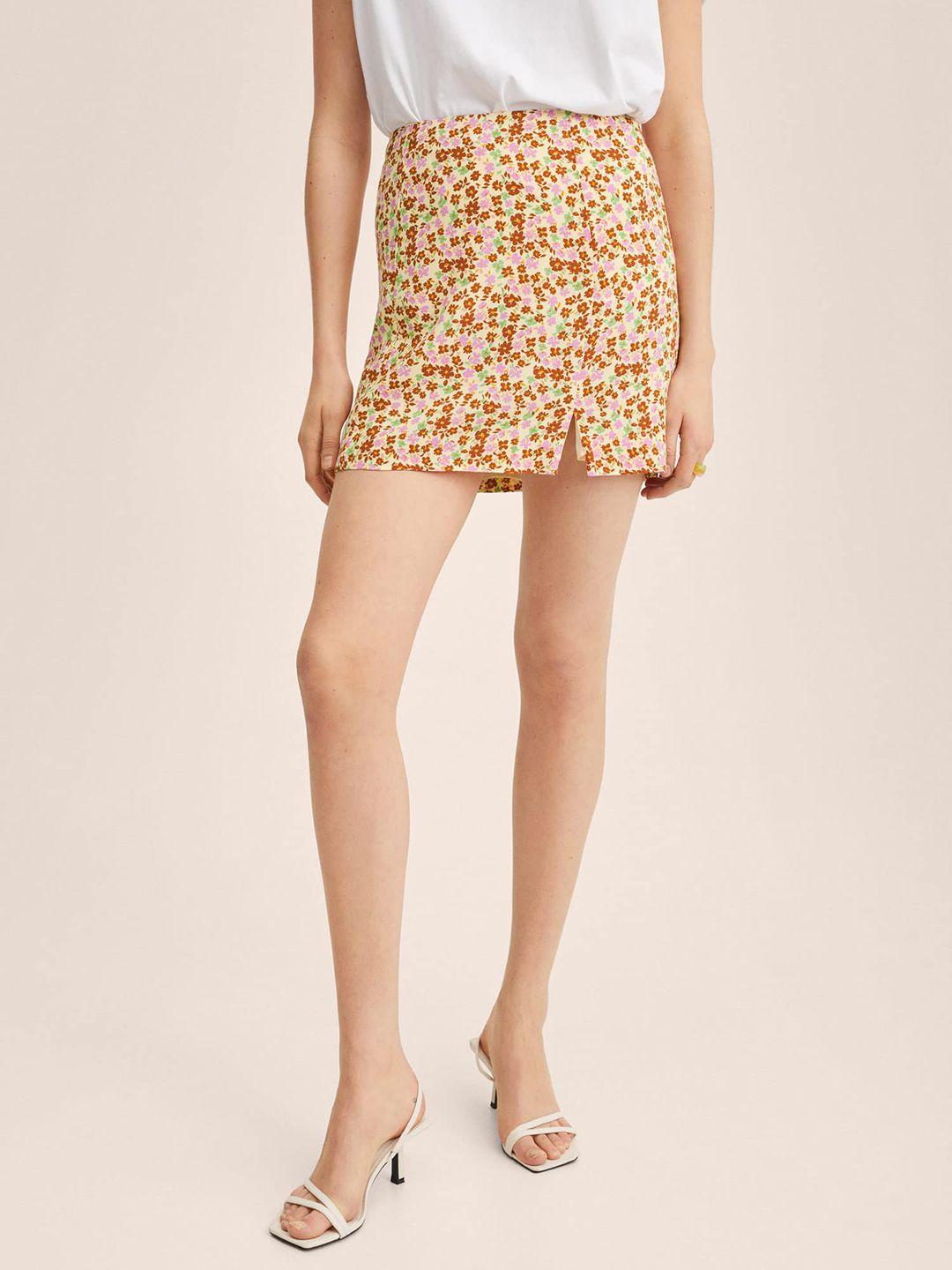 mango women yellow & brown floral printed mini skirt