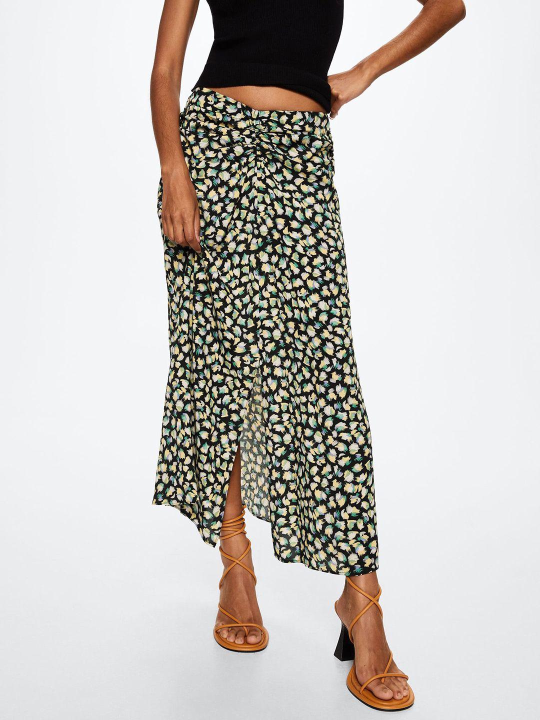 mango women yellow & navy blue floral a-line side slit maxi skirt