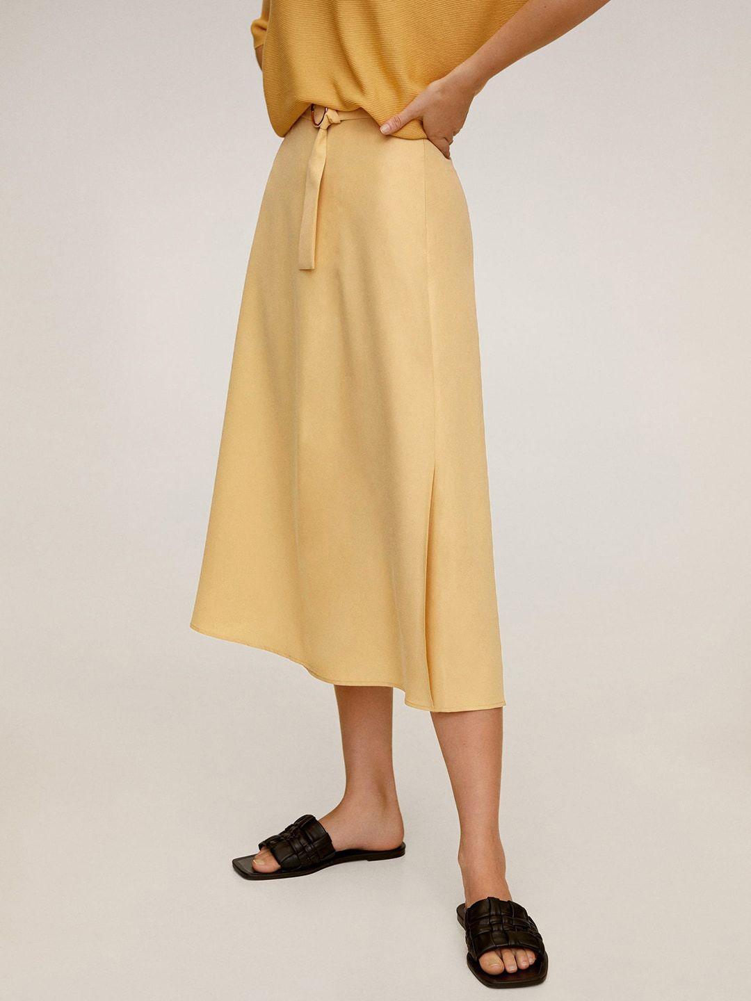 mango women yellow solid midi a-line sustainable skirt