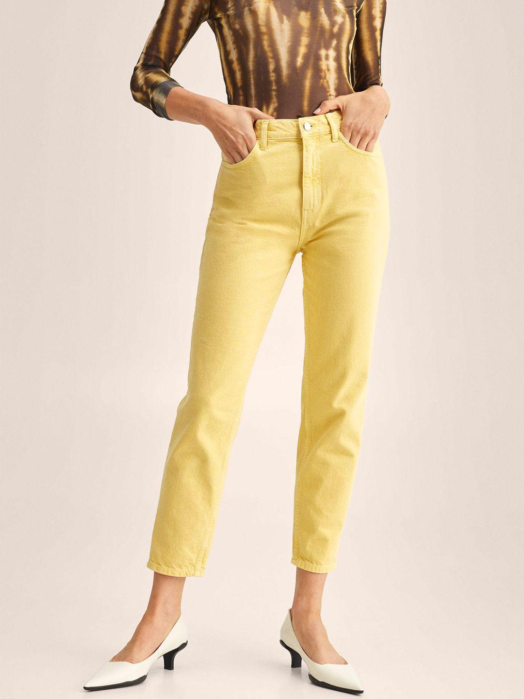 mango women yellow solid pure cotton mom fit high-rise jeans
