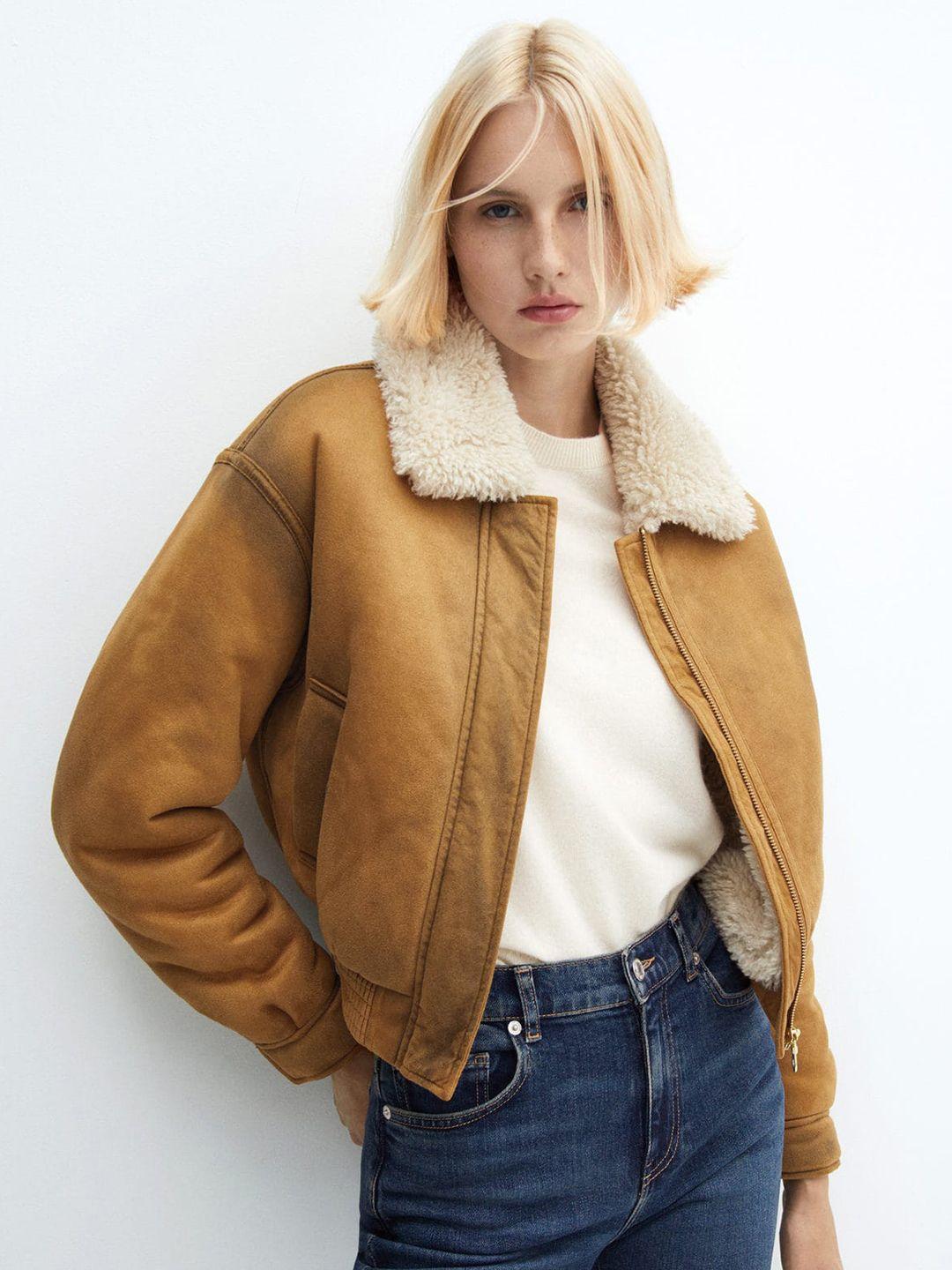 mango worn-effect shearling bomber jacket