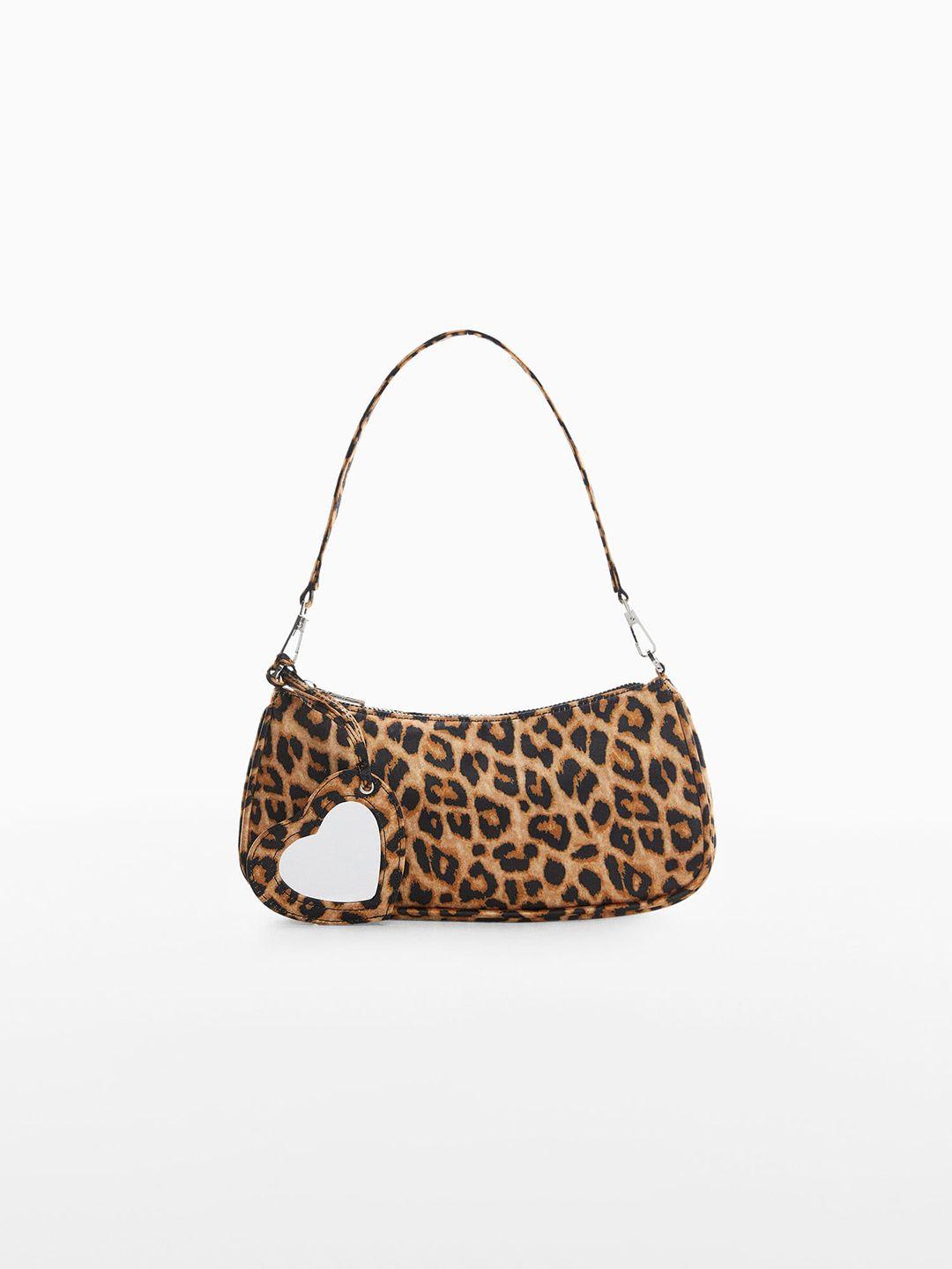 mango x camille leopard print structured baguette bag with heart pendant