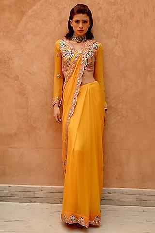 mango yellow chiffon gota patti embroidered pre-stitched saree set