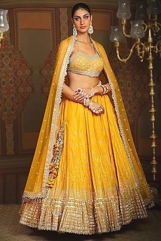 mango yellow cotton shimmer chanderi gota embellished crinkle lehenga set