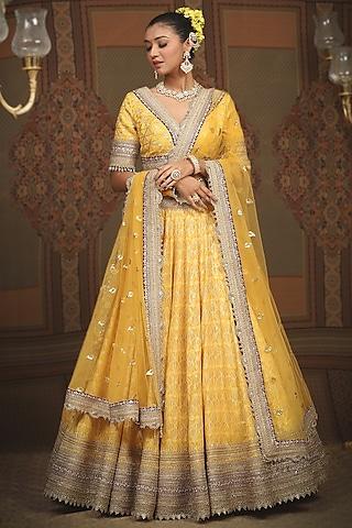 mango yellow cotton shimmer chanderi gota embroidered lehenga set