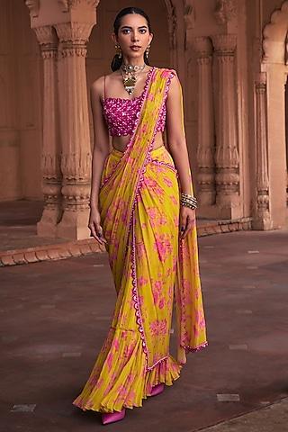mango yellow cotton silk & georgette floral printed skirt saree set