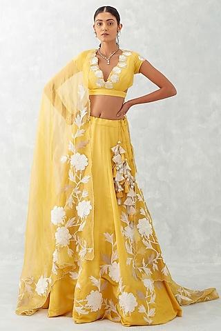 mango yellow cotton silk satin embroidered lehenga set