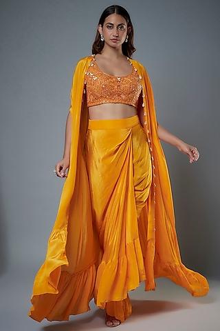 mango yellow crepe silk cape set