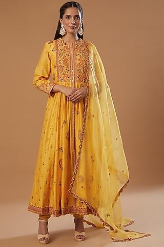 mango yellow embroidered anarkali set