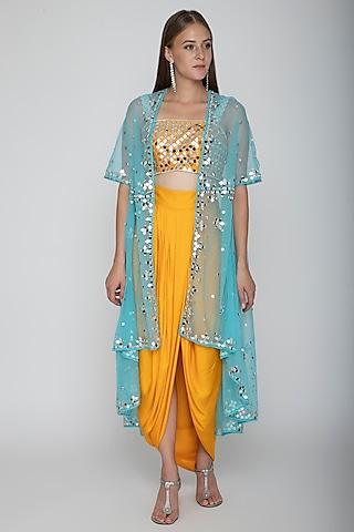 mango yellow embroidered blouse with dhoti skirt & sky blue cape