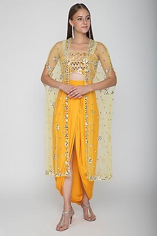 mango yellow embroidered blouse with dhoti skirt & yellow cape