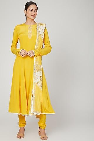 mango yellow embroidered kurta set