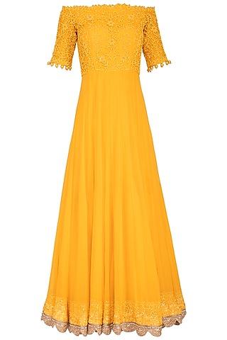 mango yellow embroidered off shoulder anarkali set