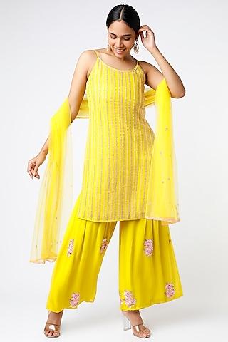 mango yellow embroidered short kurta set