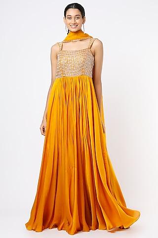 mango yellow floral embroidered anarkali set