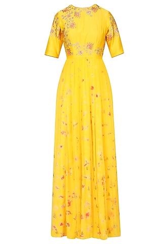 mango yellow floral embroidered marble dyed anarkali set
