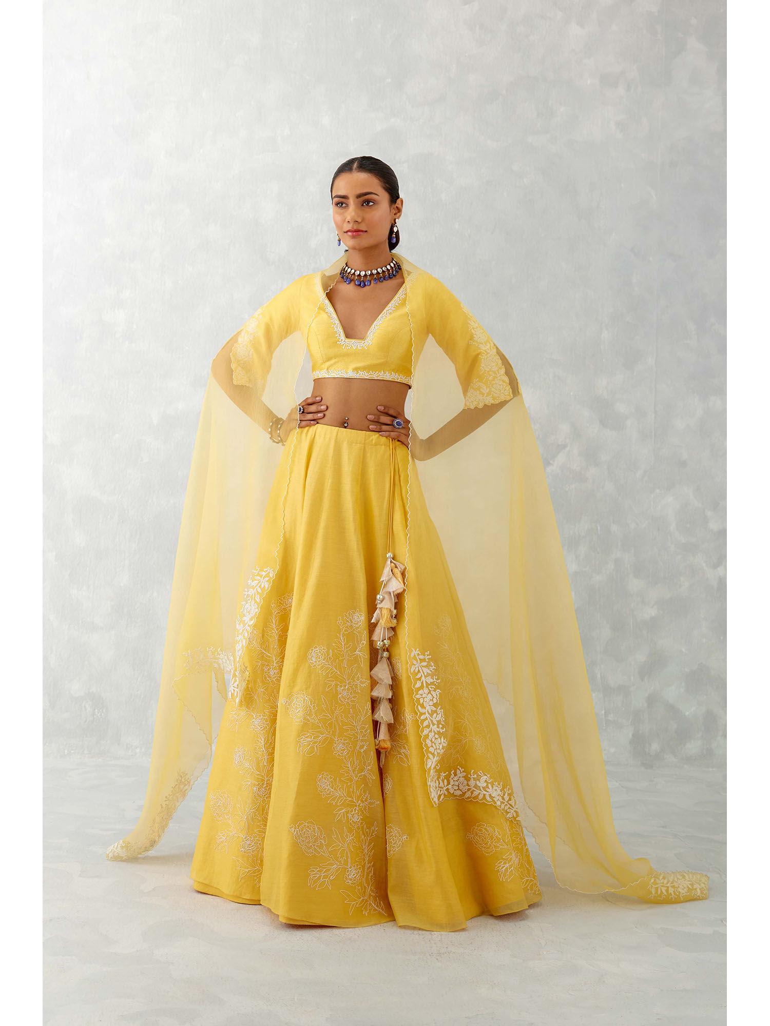 mango yellow floral embroidered silk lehenga (set of 3)