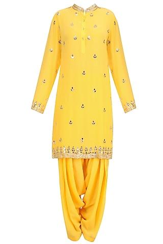 mango yellow gold embroidered short kurta and patialla set