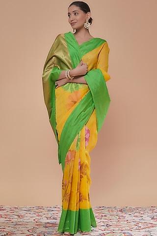 mango yellow linen floral saree